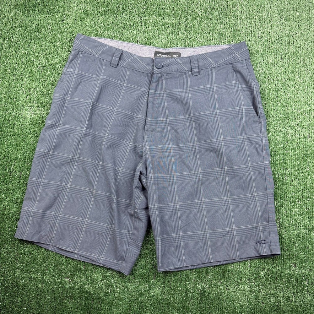 ONeill Mens Hybrid Shorts Grey Plaid Flat Front Boardshorts Size 34 RN 85773